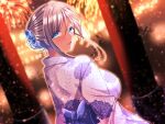  1girl aerial_fireworks aizawa_chihiro back_bow blue_bow blue_eyes blue_flower blurry blurry_background bow breasts brown_hair fireworks floral_print flower hair_bun hair_flower hair_ornament japanese_clothes kimono large_breasts long_hair looking_at_viewer looking_back official_art open_mouth original pillar purple_kimono solo upper_body yukata 
