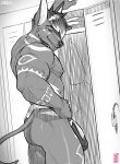  2023 anthro anubian_jackal biped butt canid canine canis digital_media_(artwork) genitals greyscale hair half-erect hi_res humanoid_genitalia humanoid_penis jackal locker_room loincloth_only male mammal monochrome muscular muscular_anthro muscular_male orin_anu pecs penis sinsquared smile smiling_at_viewer solo 