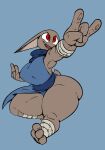  anthro big_breasts big_butt breasts butt clothing female fur grey_body grey_fur hi_res lagomorph leotard leporid mammal on_one_leg open_mouth plaga pudding_(plaga) rabbit red_eyes scarf simple_background smile solo standing tail thick_thighs wide_hips 