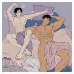  2boys abs artist_name bara bed bed_sheet black_hair blush closed_eyes closed_mouth couple instagram_username kashikahaya large_pectorals lying male_focus multiple_boys muscular muscular_male naked_sheet navel nipples on_back on_bed original pectorals short_hair sleeping thick_thighs thighs twitter_username yaoi 