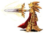  1boy arm_at_side arm_up armor armored_boots boots breastplate cape commentary english_commentary excalibur_(sonic) excalibur_sonic full_armor full_body furry furry_male gauntlets gloves gold_armor helmet holding holding_sword holding_weapon looking_to_the_side magic male_focus outstretched_arm pointy_footwear red_cape simple_background sketch solo sonic_(series) sonic_and_the_black_knight sonic_the_hedgehog standing sword usa37107692 weapon white_background yellow_footwear yellow_gloves yellow_headwear 