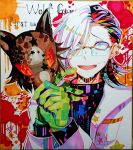  1boy 1other black_hair blue_eyes copyright_name ear_piercing glasses gloves green_gloves labcoat long_sleeves looking_at_viewer multicolored_hair ookami_game_(studio_wasabi) open_mouth piercing short_hair smile split-color_hair turtleneck white_hair wolf_(ookami_game) yamagishi_souta yonemori_satoru 