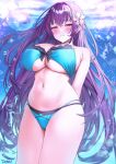  1girl arms_behind_back artist_name bikini blue_background blue_bikini blue_eyes blush breasts bubble fate/grand_order fate_(series) flower frown_(wonderland85711) hair_flower hair_ornament large_breasts long_hair navel purple_hair red_eyes scathach_(fate) scathach_skadi_(swimsuit_ruler)_(fate) scathach_skadi_(swimsuit_ruler)_(final_ascension)_(fate) skindentation smile swimsuit 