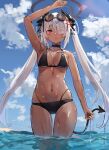  1girl absurdres bikini black_bikini blue_archive blue_sky cloud dark-skinned_female dark_skin demon_tail eyewear_on_head halo highres iori_(blue_archive) iori_(swimsuit)_(blue_archive) long_hair looking_at_viewer official_alternate_costume partially_submerged sky solo sunglasses swimsuit tail the_olphy twintails white_hair 