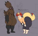  2023 anthro avian bird bottom_heavy braixen brown_body brown_feathers dialogue digital_media_(artwork) duo english_text feathers female flat_chested fluffy fluffy_tail fur generation_6_pokemon hair hi_res huge_hips huge_thughs hyper_hips kiwi_(bird) male male/female nintendo pokemon pokemon_(species) ratite red_hair tail text thick_thighs wide_hips xytora yellow_body yellow_fur 