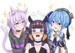  3girls @_@ ahoge animal_ear_fluff animal_ears asymmetrical_hair beret black_collar black_dress black_gloves black_hoodie blue_choker blue_eyes blue_hair blue_necktie blunt_bangs blush breasts cat_ears cat_girl cat_tail choker closed_mouth collar collared_shirt commentary crown detached_collar detached_sleeves dress extra_ears fang flat_chest fur-trimmed_collar gloves gradient_hair grey_headwear grey_jacket hair_between_eyes hand_on_another&#039;s_shoulder hat head_steam highres holding_hands hololive hololive_english hood hood_down hoodie hoshimachi_suisei hoshimachi_suisei_(1st_costume) jacket kosuke_(bb) light_blue_hair light_purple_hair long_hair long_sleeves looking_at_another medium_breasts mini_crown mole mole_under_eye multicolored_hair multiple_girls necktie nekomata_okayu nekomata_okayu_(1st_costume) ninomae_ina&#039;nis ninomae_ina&#039;nis_(1st_costume) open_mouth orange_hair plaid plaid_headwear plaid_jacket pointy_ears purple_eyes purple_hair shirt short_hair side_ponytail sidelocks simple_background single_sleeve skin_fang small_breasts smile sparkle star_(symbol) star_choker star_in_eye strapless strapless_dress symbol_in_eye tail tentacle_hair tilted_headwear tube_dress two-tone_hair upper_body virtual_youtuber white_background white_shirt wing_collar yuri 
