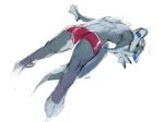  anthro blue_ears blue_tongue bulge clothed clothing colored_sketch ears_back fur grey_body grey_fur hi_res male oselotti pivoted_ears red_clothing red_underwear signature simple_background sketch solo tongue tongue_out topless underwear white_background x_eyes 