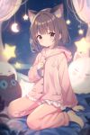  1girl absurdres animal_ears arm_support blush brown_eyes brown_hair closed_mouth curtains highres kinoshita_ringo_(ryve5758) looking_at_viewer night night_sky original pajamas short_hair sitting sky star_(symbol) stuffed_toy wariza window 