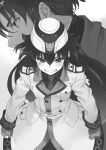  1girl 86_-eightysix- black_footwear black_hair black_necktie black_shirt frederica_rosenfort greyscale highres jacket long_hair looking_at_viewer medium_hair monochrome necktie shinei_nouzen shirabi shirt shoulder_strap solo 