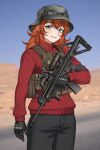  1girl absurdres black_gloves black_pants boonie_hat commission desert gloves green_eyes grey_headwear highres keiita looking_at_viewer optical_sight orange_hair original pants red_sweater sig_516 smile solo sweater 