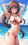  1girl beach bikini blush breasts brown_eyes brown_hair cleavage collarbone cowboy_shot day flower hair_between_eyes hair_flower hair_ornament highres kantai_collection large_breasts long_hair ocean parted_lips pink_flower ponytail red_bikini ruschuto solo swimsuit very_long_hair yamato_(kancolle) 