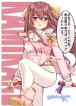  1girl absurdres ascot bow character_name cosplay fingerless_gloves foot_up gloves hair_bow highres jacket kamikaze_(kancolle) kantai_collection kitahama_(siroimakeinu831) long_hair looking_to_the_side one-hour_drawing_challenge pants pink_jacket purple_eyes purple_hair sakura_taisen shinguuji_sakura shinguuji_sakura_(cosplay) solo standing standing_on_one_leg twitter_username white_ascot white_background white_gloves white_pants yellow_bow 