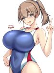  1girl blue_eyes blue_one-piece_swimsuit blush breasts brown_hair competition_swimsuit covered_navel cowboy_shot dated hair_between_eyes high_side_ponytail highleg highleg_swimsuit highres impossible_clothes impossible_swimsuit intrepid_(kancolle) kantai_collection large_breasts looking_at_viewer montemasa multicolored_clothes multicolored_swimsuit one-hour_drawing_challenge one-piece_swimsuit open_mouth ponytail short_hair simple_background smile solo swimsuit twitter_username two-tone_swimsuit white_background 