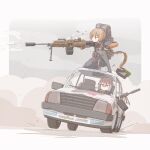  2girls ahoge ammunition_belt backpack bag bipod black_gloves blonde_hair bolt_action broken_glass car cheytac_m200 commentary driving english_commentary fingerless_gloves firing girls&#039;_frontline glass gloves grey_eyes grey_hair gun hair_between_eyes hair_ornament hairclip highres holding holding_gun holding_weapon jacket kneeling m200_(girls&#039;_frontline) machine_gun mg338_(girls&#039;_frontline) motor_vehicle multiple_girls muzzle_device on_vehicle player193 rifle short_hair shorts sig_mg338 sniper_rifle weapon 