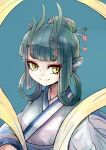  1girl aqua_background blunt_bangs blunt_ends chinese_clothes dragon_girl dragon_horns fei_ren_zai goneking green_hair green_horns hair_bun hair_ornament hair_rings hair_stick horns longnu_(fei_ren_zai) looking_at_viewer robe simple_background single_hair_bun smile solo upper_body yellow_eyes 