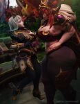  3d_(artwork) alexstrasza animal_humanoid armor big_breasts big_butt big_horn blizzard_entertainment bottomwear breasts butt cellulite clothing crown digital_media_(artwork) dragon dragon_humanoid duo female female/female headgear hi_res holding_another horn horned_humanoid huge_butt huge_hips huge_thighs human humanoid lifting_another mammal mature_female pants skindentation slightly_chubby small_waist thick_thighs tiara tight_clothing vanasmuttin warcraft 
