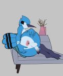  absurd_res anthro anus avian balls beak big_butt bird blep blue_body blue_feathers blue_jay butt cartoon_network chair corvid eyes_closed feathers flaccid furniture genitals hi_res humanoid_genitalia humanoid_penis inkgelato jay_(bird) lying male mordecai_(regular_show) new_world_jay nude on_chair on_side oscine passerine penis perineum presenting presenting_anus presenting_hindquarters regular_show solo tail_feathers tongue tongue_out 