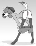  anthro anus beanie blush body_blush bottomwear bottomwear_down breasts butt canid canine canis clothed clothing domestic_dog female fifi_(somemf) floppy_ears genitals greyscale hat headgear headwear hi_res legwear long_legs looking_at_viewer looking_back looking_back_at_viewer mammal monochrome pants pants_down partially_clothed presenting presenting_hindquarters pussy pussy_blush raised_tail shorts shorts_down skinny slim smile solo starthewerewolf stockings sweater tail thigh_highs topwear 