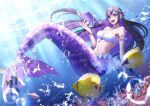  1girl :d absurdres air_bubble bikini black_hair book bubble colored_inner_hair commentary_request coral fish fish_request full_body highres holding holding_book irodoli_project kurakichi36 long_hair looking_at_viewer mermaid monster_girl monsterification multicolored_hair open_mouth purple_eyes purple_hair second-party_source smile solo sumire_(irodoli_project) swimsuit teeth underwater upper_teeth_only virtual_youtuber white_bikini 