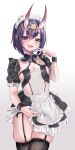  1girl absurdres black_thighhighs bob_cut breasts fate/grand_order fate_(series) hair_ribbon highres horns leehwa looking_at_viewer maid maid_headdress oni oni_horns purple_eyes purple_hair ribbon short_hair shuten_douji_(fate) skin-covered_horns skindentation small_breasts smile solo thighhighs 
