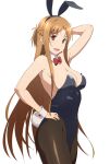  1girl :d alternate_costume animal_ears arm_up asuna_(sao) black_leotard black_pantyhose bow bowtie braid breasts brown_eyes brown_hair bunny_day cowboy_shot detached_collar fake_animal_ears fake_tail french_braid from_side hand_on_own_hip highleg highleg_leotard large_breasts leotard long_hair looking_at_viewer pantyhose playboy_bunny puge rabbit_ears rabbit_tail red_bow red_bowtie short_ponytail smile solo sword_art_online tail white_background white_wrist_cuffs 