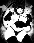  1girl animal_ears blunt_bangs bra braid breasts cat_ears cat_girl cat_tail cleavage commentary_request curvy detached_sleeves extra_ears fang greyscale groin haseru_(ginku_mh) heart huge_breasts kaenbyou_rin looking_at_viewer medium_hair monochrome multiple_tails navel nekomata open_mouth panties pointy_ears side_braids sidelocks skin_fang smile solo tail touhou twin_braids two_tails underwear w 