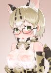  1girl animal_ear_fluff animal_ears bare_shoulders black-framed_eyewear blonde_hair bow bowtie breasts brown_background cat_ears cat_girl cat_tail commentary_request elbow_gloves extra_ears glasses gloves green_eyes highres kemono_friends looking_at_viewer margay_(kemono_friends) margay_print masuyama_ryou medium_breasts nipples no_bra open_mouth print_bow print_bowtie print_gloves see-through see-through_shirt shirt short_hair simple_background sleeveless sleeveless_shirt solo tail upper_body white_shirt 