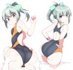  1boy 1girl ass bar_censor bare_arms bare_shoulders black_one-piece_swimsuit blush bow breasts brown_eyes buttjob censored closed_mouth commentary_request competition_swimsuit from_behind green_bow green_hair green_ribbon hair_bow hair_ribbon hands_on_own_hips hetero kantai_collection long_hair looking_at_viewer medium_breasts multiple_views one-piece_swimsuit penis ponytail reverse_cowgirl_position ribbon shigino_sohuzi smile solo_focus straddling swimsuit white_background yuubari_(kancolle) 