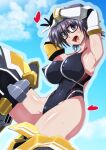  1girl alice_gear_aegis armpits arms_up black-framed_eyewear black_eyes black_hair breasts competition_swimsuit covered_nipples elbow_gloves gloves highleg highleg_swimsuit highres impossible_clothes impossible_swimsuit komazoi_eden large_breasts low_twintails one-piece_swimsuit open_mouth presenting_armpit short_hair solo swimsuit tappa_(esperanza) thighhighs twintails 
