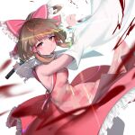  1girl apron blunt_bangs blush bow breasts brown_eyes brown_hair closed_mouth commentary_request cookie_(touhou) detached_sleeves dress feet_out_of_frame frilled_bow frilled_dress frilled_hair_tubes frills glint hair_bow hair_tubes hakurei_reimu holding holding_sword holding_weapon jiyu_(jiyusi) katana long_hair looking_at_viewer medium_bangs medium_breasts pink_apron ponytail red_bow red_dress rurima_(cookie) sideboob sidelocks sleeveless sleeveless_dress solo sword touhou weapon white_background white_sleeves wide_sleeves 