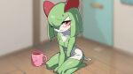  2023 blurred_background breasts cleavage clothed clothing collarbone drunk_oak female fingers generation_3_pokemon green_hair hair hi_res humanoid inside kirlia lips looking_at_viewer nintendo pokemon pokemon_(species) red_body solo teeth white_body white_neck white_skin 
