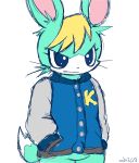  2021 absurd_res animal_crossing anthro blonde_hair blue_eyes bottomless bottomless_male chico clothed clothing cute_fangs featureless_crotch fur glare green_body green_fur hair hand_in_pocket hi_res jacket kemono lagomorph leporid letterman_jacket male mammal narrowed_eyes nintendo pockets rabbit sasha_(animal_crossing) scut_tail short_tail simple_background smile solo tail topwear whiskers white_background 