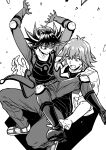  2boys :o absurdres arms_up belt black_hair black_shirt boots bruno_(yu-gi-oh!) catching elbow_pads facial_tattoo falling fudou_yuusei glass_shards gloves greyscale high_collar highres jacket knee_pads knees_up male_focus monochrome multiple_boys open_clothes open_jacket outstretched_arms pants screentones shadow shirt shoes short_hair simple_background sleeves_rolled_up sneakers spiked_hair surprised sweatdrop tattoo worried youko-shima yu-gi-oh! yu-gi-oh!_5d&#039;s 