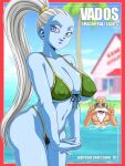  ass bald beard bikini blue_skin breasts colored_skin covered_nipples double_v dragon_ball dragon_ball_super facial_hair front-tie_top green_bikini high_ponytail highleg highleg_bikini highres huge_breasts kame_house long_hair looking_at_viewer mustache muten_roushi navel old old_man own_hands_clasped own_hands_together palm_tree ponytail purple_eyes sano_br sunglasses swimsuit tree v vados_(dragon_ball) water white_hair 
