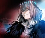  1boy aki_(neyuki41028) blue_eyes cape crown diamond_hairband dress_shirt evil_grin evil_smile fate/grand_order fate_(series) fur-trimmed_cape fur_trim grey_hair grin hair_between_eyes insect_wings male_focus oberon_(fate) shirt short_hair smile solo upper_body white_shirt wings 