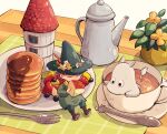  2boys amazou black_eyes brown_footwear brown_hair closed_eyes commentary_request cup eating flower food fork fruit hat hat_feather in_container in_cup male_focus moomin moomintroll multiple_boys pancake snufkin strawberry syrup teacup teapot teaspoon 