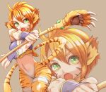 1girl animal_ears breasts breath_of_fire breath_of_fire_ii bustier cat_ears cleavage facial_mark gloves green_eyes highres holding holding_weapon looking_at_viewer open_mouth orange_hair pointy_ears rinpoo_chuan short_hair simple_background solo tail tiger_stripes tiger_tail wang_kei_kobayashi weapon 