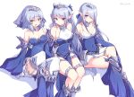  3girls absurdres bare_legs blue_dress blue_eyes covered_navel crossed_legs dress duel_monster fins green_eyes head_fins highres kanzakietc long_hair long_sleeves looking_at_viewer multiple_girls purple_eyes short_hair sitting skirt sleeves_past_wrists smile tearlaments_havnis tearlaments_merrli tearlaments_scheiren thighhighs thighlet two_side_up white_hair white_skirt yu-gi-oh! 