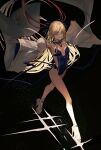  1girl absurdres albino_(a1b1n0623) artoria_caster_(fate) artoria_caster_(swimsuit)_(fate) artoria_pendragon_(fate) bare_legs black_background blonde_hair blue_bow blue_one-piece_swimsuit blue_ribbon bow breasts closed_eyes clothing_cutout detached_collar detached_sleeves facial_mark fate/grand_order fate_(series) forehead_mark full_body gold_trim hair_bow hair_ribbon high_heels highres juliet_sleeves light_smile long_hair long_sleeves one-piece_swimsuit outstretched_arms outstretched_leg parted_bangs platform_footwear platform_heels puffy_sleeves red_ribbon ribbon side_cutout simple_background small_breasts solo standing striped striped_bow striped_ribbon swimsuit toeless_footwear toes walking white_sleeves wide_sleeves yellow_footwear 