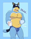  2023 absurd_res anthro artist_name australian_cattle_dog bandit_heeler belly beverage biceps big_belly big_bulge big_muscles blue_background blue_border bluey_(series) border briefs bulge canid canine canis cattledog clothed clothing coffee coffee_mug daddy_kink domestic_dog english_text eyebrows eyes_closed fur herding_dog hi_res holding_beverage holding_mug holding_object male mammal mug musclegut muscular muscular_anthro muscular_male navel open_mouth pastoral_dog pecs simple_background solo standing steam teeth text text_on_mug tired tongue topless topless_anthro topless_male tuft underwear underwear_only wetwasabi yawn 