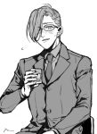  1boy blush chair collared_shirt cup drink fate/grand_order fate_(series) flying_sweatdrops glasses greyscale hair_over_one_eye hair_pulled_back holding holding_cup ice ice_cube lapels looking_at_viewer male_focus monochrome necktie nervlish notched_lapels official_alternate_costume parted_lips shirt short_hair simple_background sitting smile solo suit suit_jacket upper_body white_background yamanami_keisuke_(fate) 