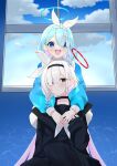  2girls :d a.r.o.n.a_(blue_archive) absurdres aqua_hair arona_(blue_archive) black_choker black_coat black_eyes black_serafuku blue_archive blue_eyes blue_serafuku braid choker coat collarbone colored_inner_hair commentary_request hair_ornament hair_over_one_eye hairband halo head_tilt highres hug hug_from_behind long_hair long_sleeves looking_at_viewer multicolored_hair multiple_girls open_clothes open_coat pleated_skirt school_uniform serafuku short_hair sidelocks single_braid skirt smile somu_(user_vmry8728) two-tone_hair white_choker white_hair window 