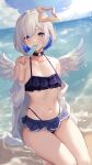  1girl absurdres alternate_costume amane_kanata angel_wings asymmetrical_hair beach bikini bikini_skirt black_choker blue_bikini blue_hair blue_sky blush breasts choker cloud cloudy_sky colored_inner_hair commentary day feet_out_of_frame food frilled_bikini frills grey_hair halo highres holding holding_food holding_popsicle hololive jacket looking_at_viewer multi-strapped_bikini multicolored_hair navel o-ring o-ring_choker ocean off_shoulder open_clothes open_jacket outdoors pink_hair popsicle purple_eyes short_hair single_hair_intake sitting skindentation sky small_breasts smallpine_7 smile solo star_(symbol) star_choker stomach string_bikini sun sunlight swimsuit tongue tongue_out virtual_youtuber white_jacket wings 