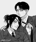  1boy 1other absurdres annlu_vazzel artist_name commentary dated english_commentary eyepatch frown greyscale hange_zoe highres levi_(shingeki_no_kyojin) loose_necktie monochrome necktie scar scar_across_eye shingeki_no_kyojin short_ponytail smile 