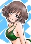  1girl akiyama_yukari arms_at_sides bikini blue_background blush bob_cut breasts brown_eyes brown_hair camouflage camouflage_bikini cleavage closed_mouth commentary from_side girls_und_panzer green_bikini head_tilt k_isaka leaning_forward looking_at_viewer looking_to_the_side medium_breasts nose_blush outline short_hair sketch smile solo swimsuit two-tone_background upper_body wavy_hair white_background white_outline 