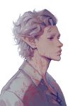 1boy astarion_(baldur&#039;s_gate) baldur&#039;s_gate baldur&#039;s_gate_3 blood blood_on_clothes blood_on_face blouse closed_mouth dungeons_and_dragons from_side grey_hair grey_shirt highres male_focus paulina_klime pointy_ears profile red_eyes sad shirt short_hair simple_background solo upper_body white_background 