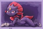  anthro blue_body blue_fur breasts c3ilin claws cute_fangs female forehead_gem fur generation_4_pokemon hair hi_res looking_at_viewer lying narrowed_eyes nintendo nude on_front pokemon pokemon_(species) red_eyes red_hair smile solo weavile 