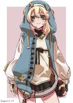  1boy androgyne_symbol black_gloves blonde_hair blush bridget_(guilty_gear) cowboy_shot cuffs degarashi_01 fingerless_gloves gloves guilty_gear guilty_gear_strive habit handcuffs hood hood_up hooded_jacket hoodie jacket long_sleeves looking_at_viewer male_focus medium_hair open_clothes open_hoodie otoko_no_ko puffy_long_sleeves puffy_sleeves smile yo-yo 