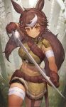  1girl abs animal_ears bandaged_arm bandaged_leg bandages bike_shorts breasts brown_eyes brown_fur brown_gloves brown_hair brown_shirt brown_skirt closed_mouth commission day falling_leaves forest gloves highres holding holding_sword holding_weapon horse_ears horse_girl horse_tail indie_virtual_youtuber large_breasts leaf looking_at_viewer medium_hair multicolored_hair nature outdoors pleated_skirt second-party_source shirt skeb_commission skirt sleeveless smile solo sword tail takeno_(hashi_falcon) tomoe_umari tree virtual_youtuber weapon white_hair 