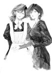  2girls apron cowboy_shot dress hair_between_eyes holding_another&#039;s_arm jewelry long_sleeves looking_at_viewer maid maid_apron moaomao_mo monochrome multiple_girls necklace original parted_lips short_hair short_ponytail simple_background sketch smile standing unfinished white_background 